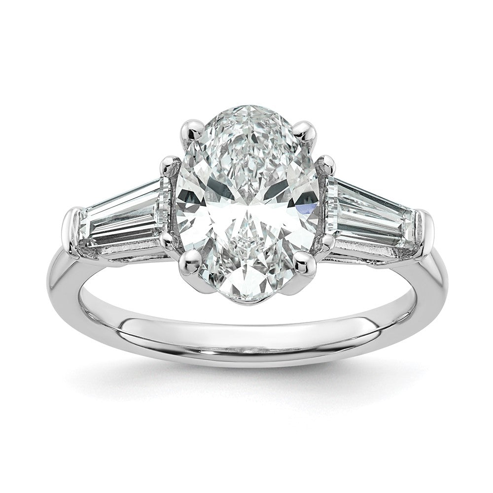 14K White Gold 3/4 carat Lab Grown Diamond VS+ F+ Tapered Baguette 2 carat Oval Semi Mount Three Stone Engagement Ring