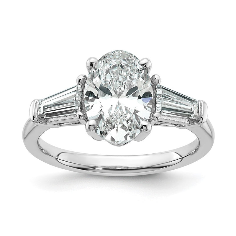 14K White Gold 3/4 carat Lab Grown Diamond VS+ F+ Tapered Baguette 2 carat Oval Semi Mount Three Stone Engagement Ring