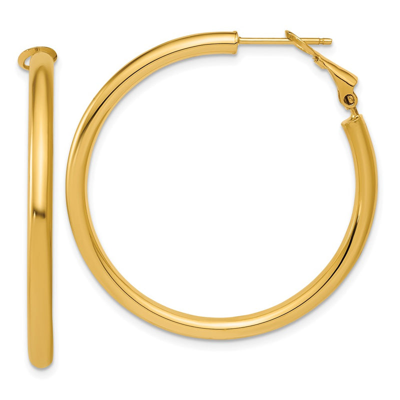 14K Yellow Gold 3x40mm Polished Round Omega Back Tube Hoop Earrings