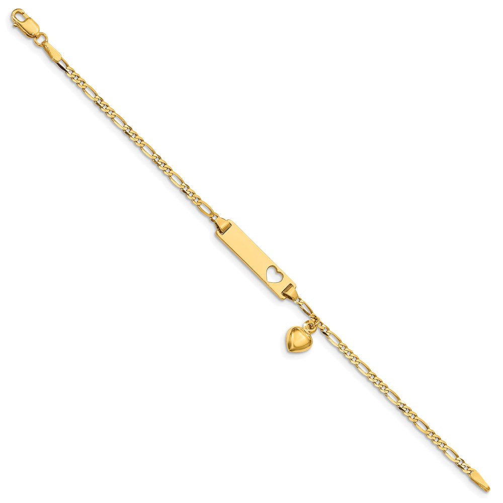 14K Yellow Gold Polished Solid Chain/Solid Plate Cut-out Heart with Heart Dangle Figaro Link 21x5mm Plate 5.5 Inch Baby/Child ID Bracelet