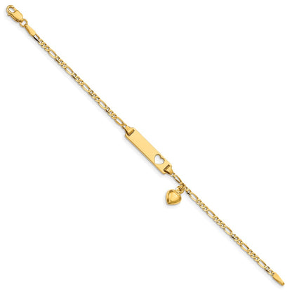 14K Yellow Gold Polished Solid Chain/Solid Plate Cut-out Heart with Heart Dangle Figaro Link 21x5mm Plate 5.5 Inch Baby/Child ID Bracelet