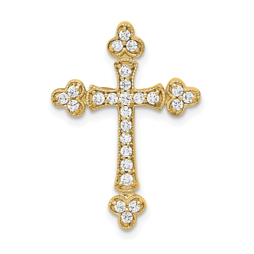 14K Yellow Gold 1/4 carat Diamond Budded Cross Chain Slide