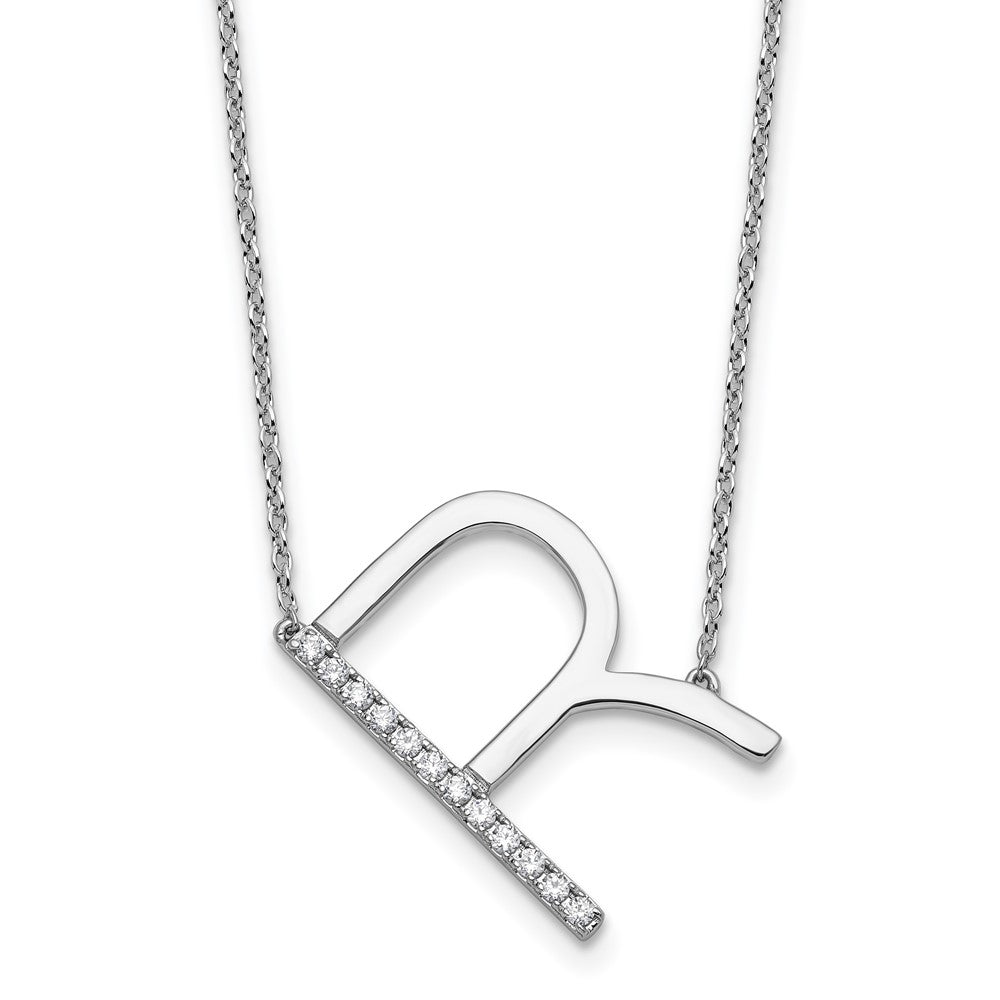 14K White Gold Sideways Diamond Initial R 18 Inch Necklace