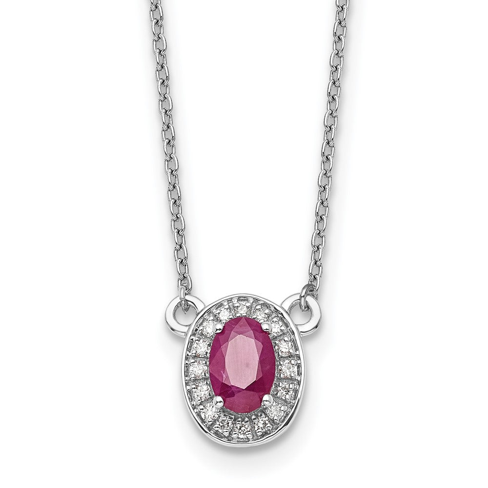 14K White Gold Diamond and 6x4mm Oval Ruby Halo 18 Inch Necklace