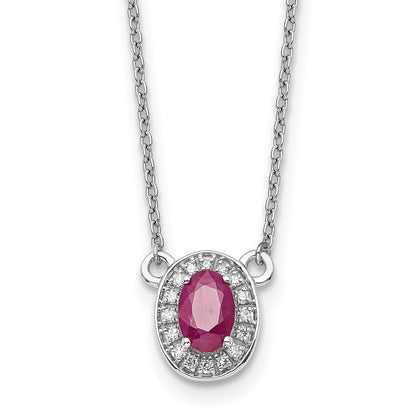 14K White Gold Diamond and 6x4mm Oval Ruby Halo 18 Inch Necklace