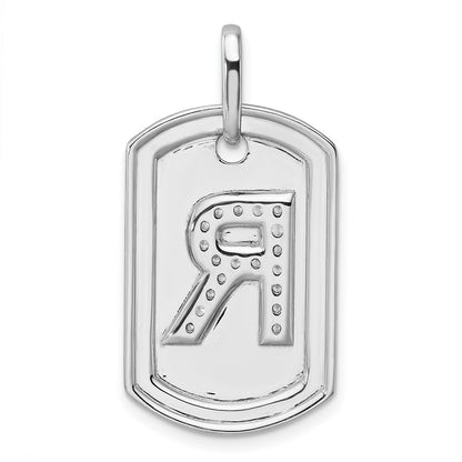 14K White Gold  Diamond Initial R Dog Tag Charm