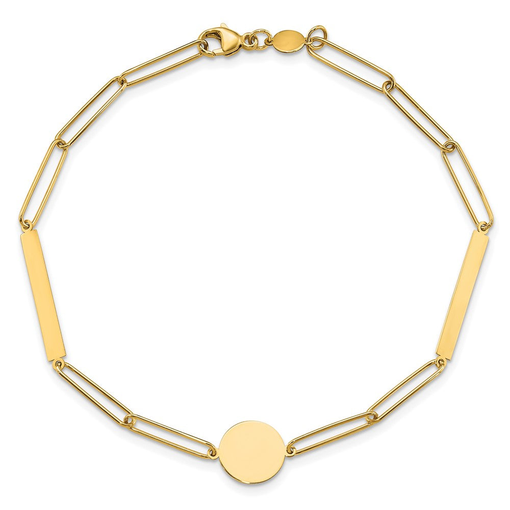 14K Yellow Gold Polished Paperclip Link with Circle and Bars 8.25 Inch Bracelet