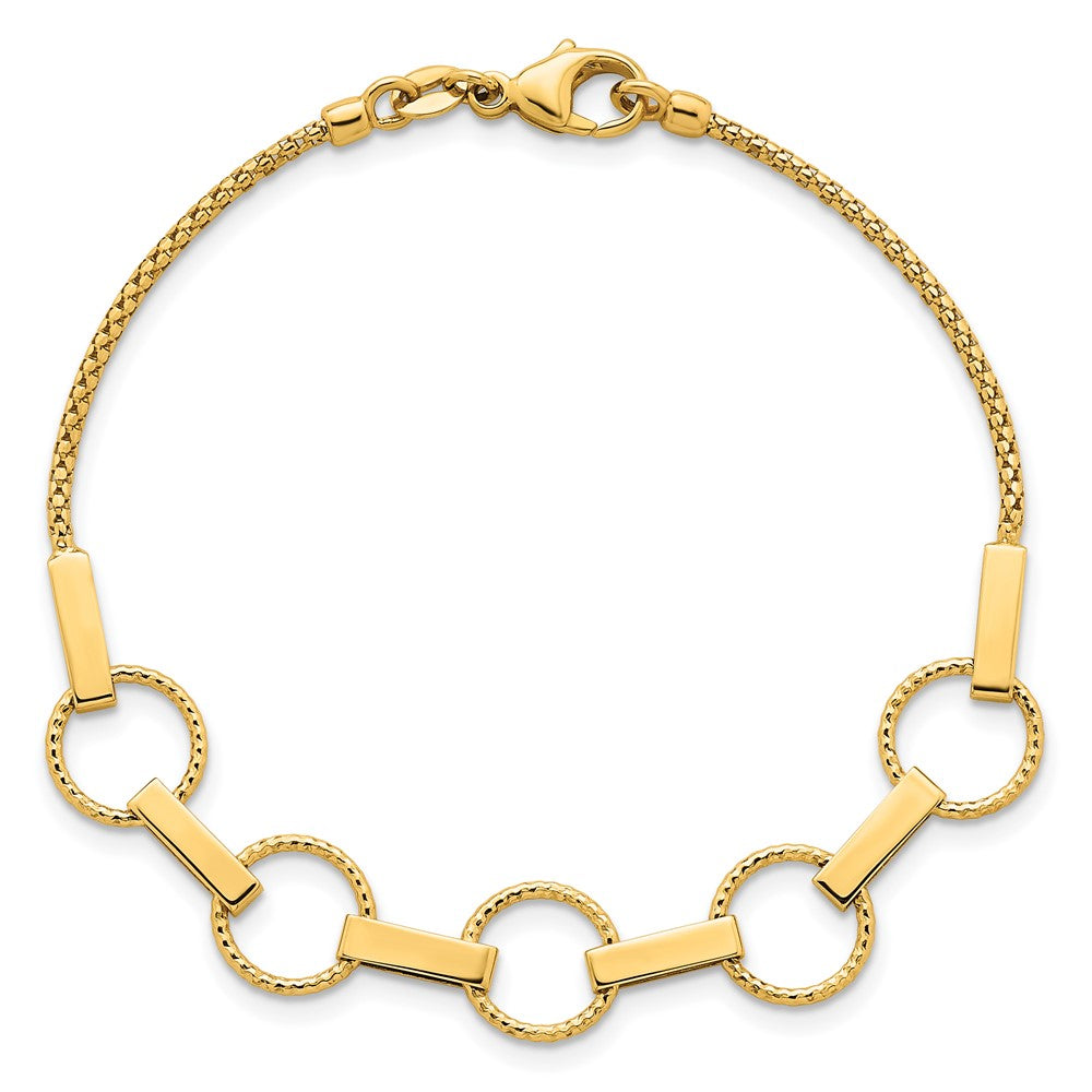 14K Yellow Gold Polished and Textured Circles and Bars 7.5 Inch Bracelet