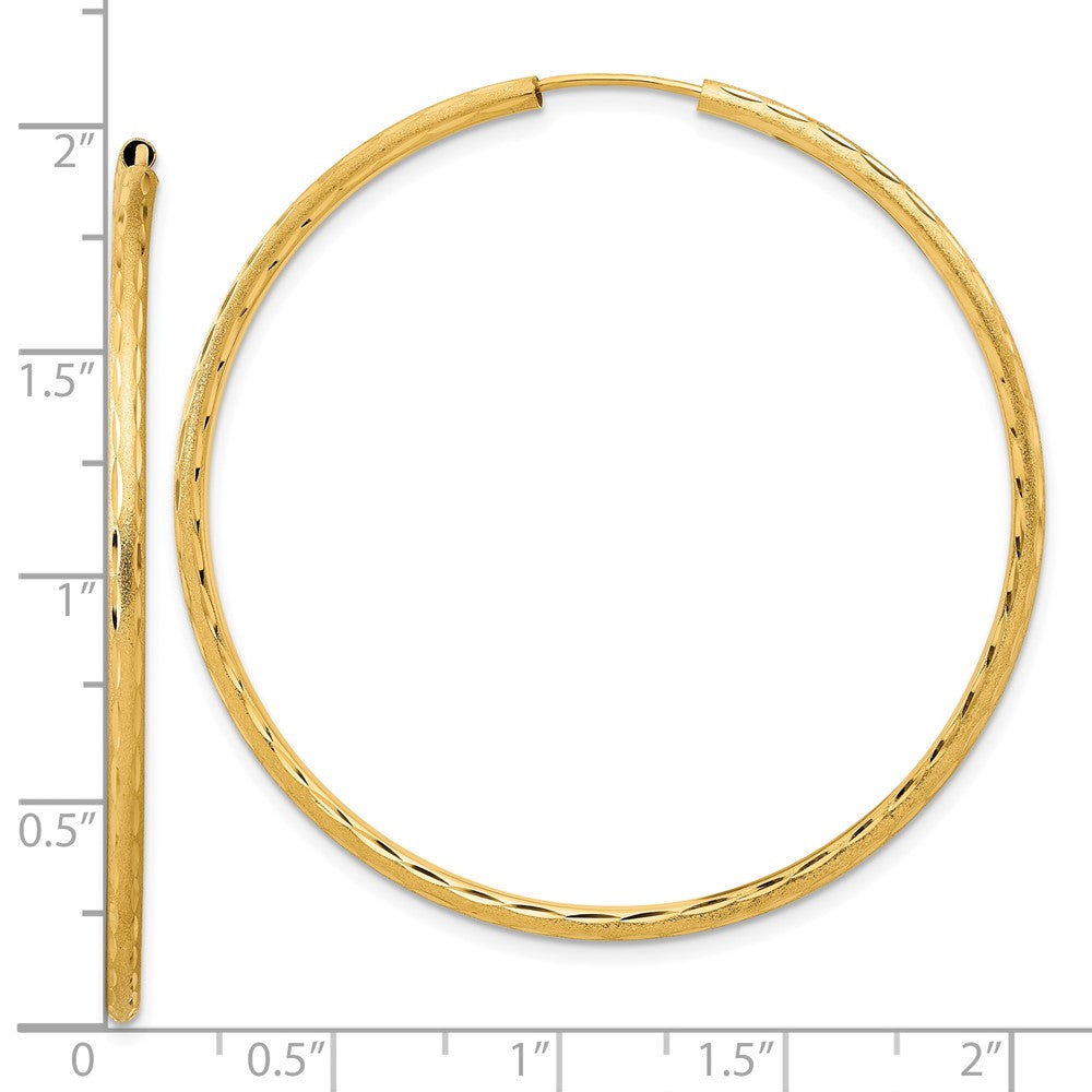 14K Yellow Gold 2.00x50mm Polished and Satin Diamond-cut Endless Tube Hoop Earrings