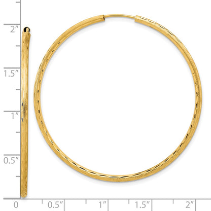 14K Yellow Gold 2.00x50mm Polished and Satin Diamond-cut Endless Tube Hoop Earrings
