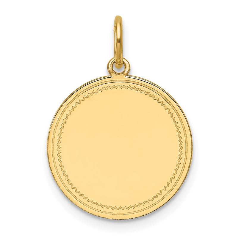 14K Yellow Gold Plain with Zig-Zag Edge .027 Gauge Engravable Round 15.5mm Disc Charm
