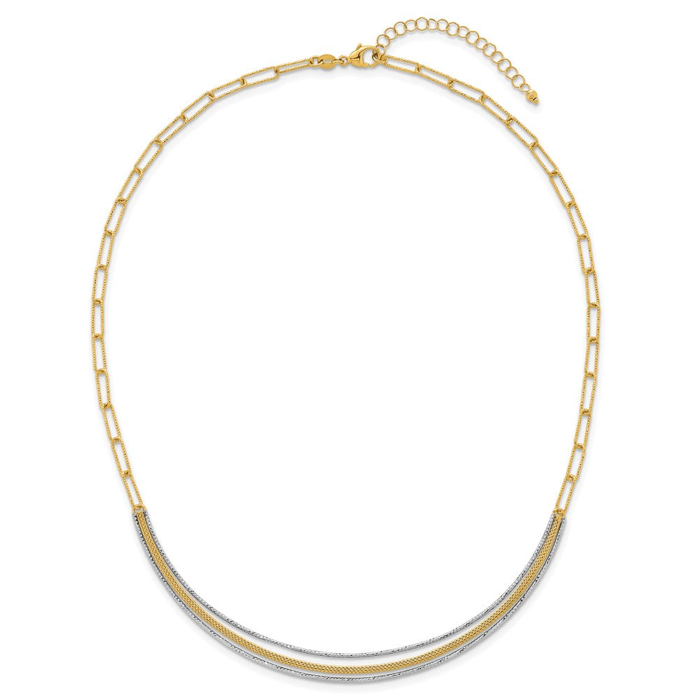 14K Two-Tone Gold Textured Woven Curved Bar with Long Link 17 Inch Necklace Plus 2 Inch Extender