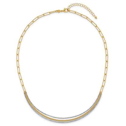 14K Two-Tone Gold Textured Woven Curved Bar with Long Link 17 Inch Necklace Plus 2 Inch Extender