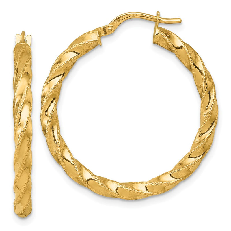 14K Yellow Gold Polished Diamond-cut Twisted 3.00 x 30mm Tube Hoop Earrings