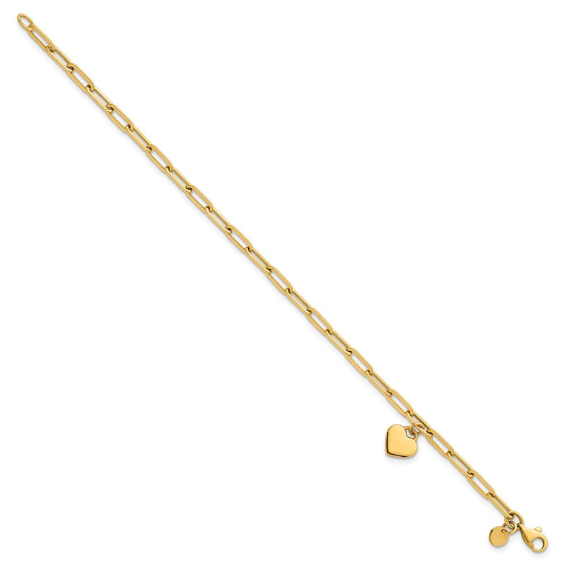14K Yellow Gold Polished Flat Dangle 9mm Heart Paperclip Link 7.25 Inch Bracelet
