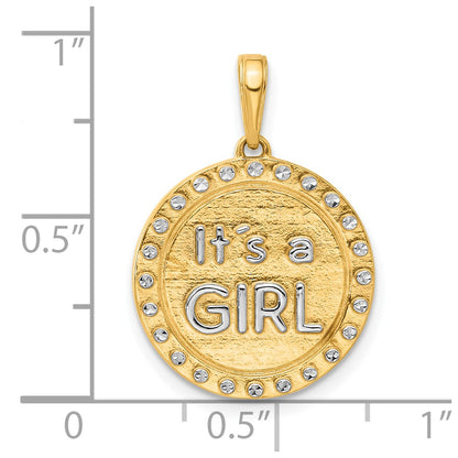14K Yellow Gold and Rhodium Diamond-cut It's A Girl Pendant