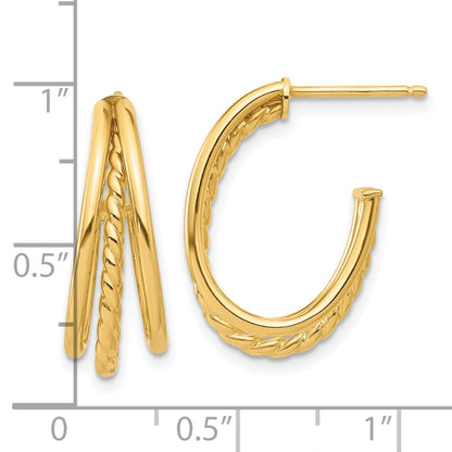14K Yellow Gold Polished and Twist Oval Multi Row J-Hoop Post Earrings