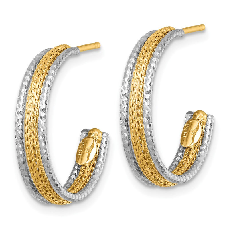 14K Two-Tone Gold Textured Woven 4mm x 20mm J-Hoop Post Earrings
