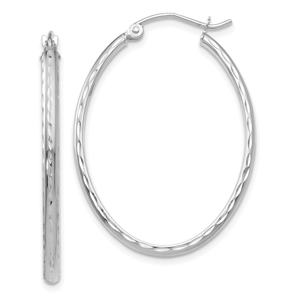 14K White Gold 2.5x35mm Lightweight Diamond-cut Oval Tube Hoop Earrings
