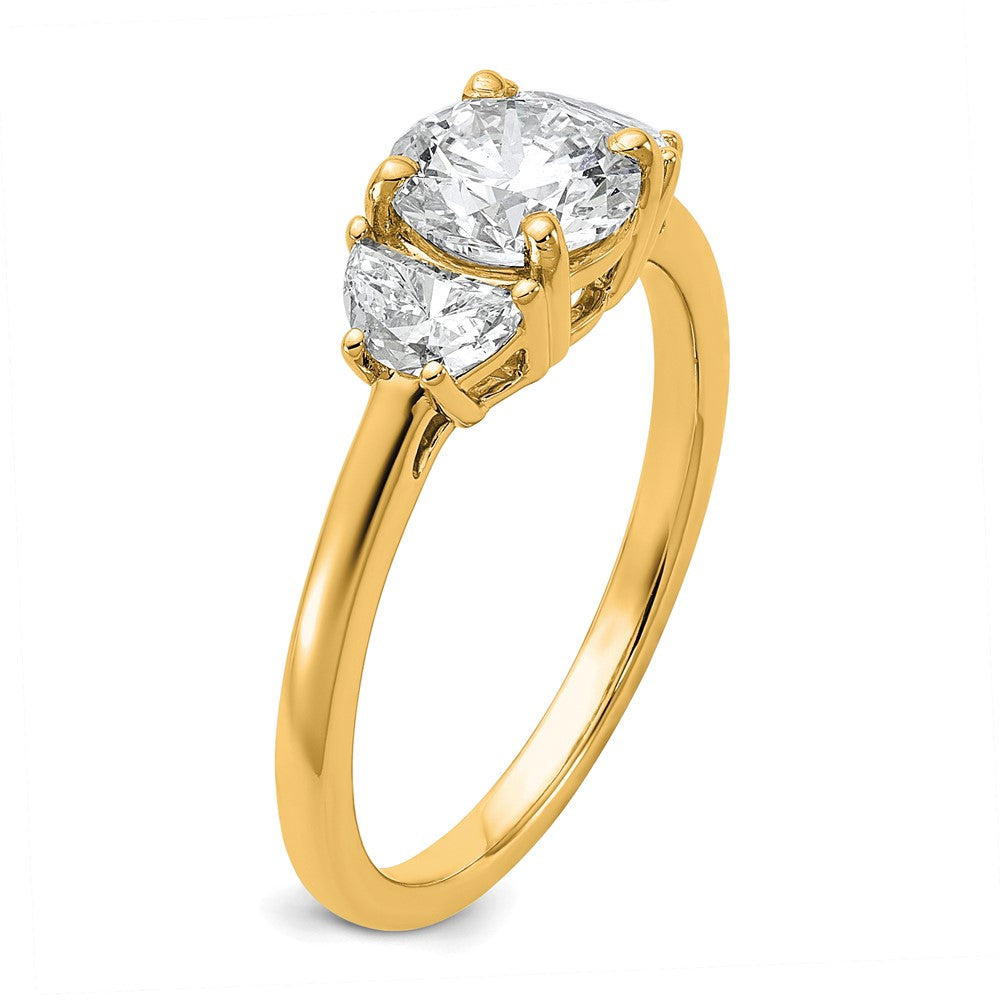 14K Yellow Gold 3/8 carat Lab Grown Diamond VS+ F+ 1 carat Center Round Semi Mount Three Stone Engagement Ring