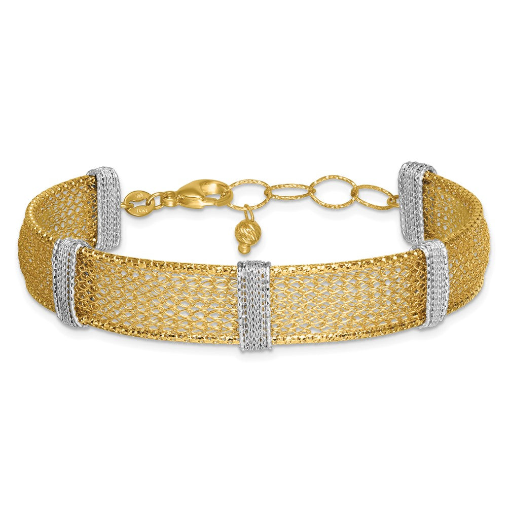 14K Two-Tone Gold Two-tone Textured 10.6mm Mesh 6.75 Inch Bracelet Plus 1 Inch Extender