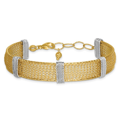 14K Two-Tone Gold Two-tone Textured 10.6mm Mesh 6.75 Inch Bracelet Plus 1 Inch Extender