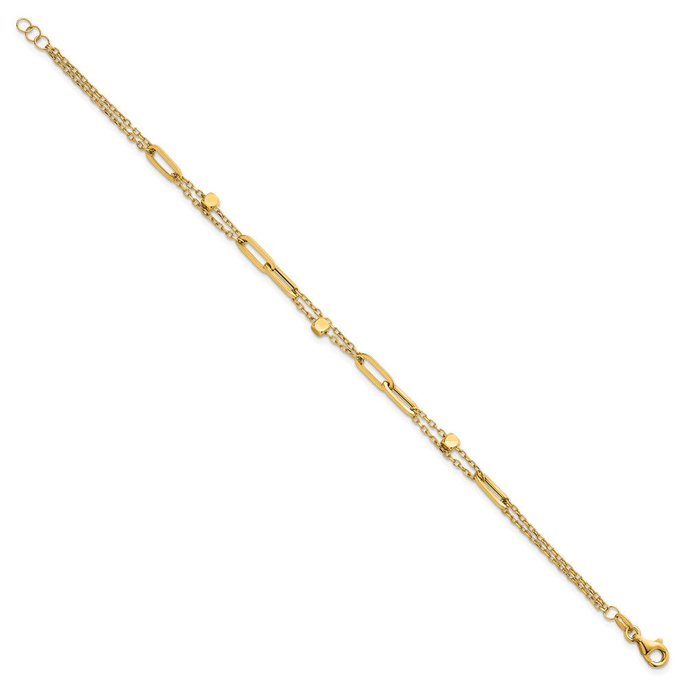 14K Yellow Gold Polished and Beaded 2-Strand with Fancy Paperclip Link Chain Bracelet