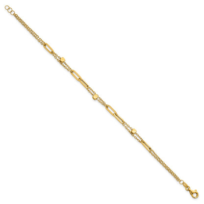 14K Yellow Gold Polished and Beaded 2-Strand with Fancy Paperclip Link Chain Bracelet