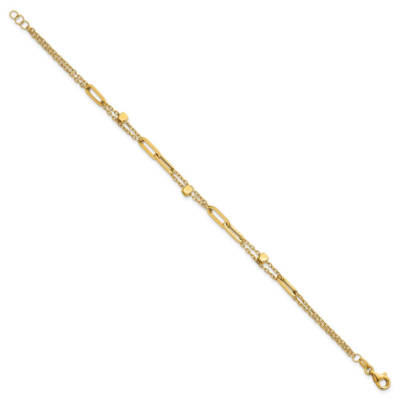 14K Yellow Gold Polished and Beaded 2-Strand with Fancy Paperclip Link Chain Bracelet