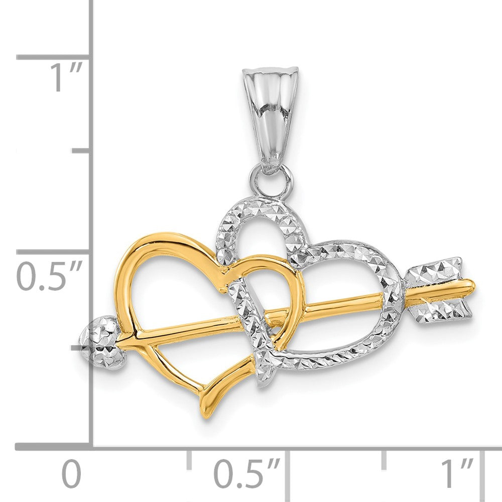 14K Yellow Gold with Rhodium Diamond-cut Hearts and Arrow Pendant