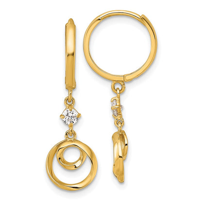 14K Yellow Gold Polished and Twisted Dangling Circle and CZ Round Hinged Hoop Earrings