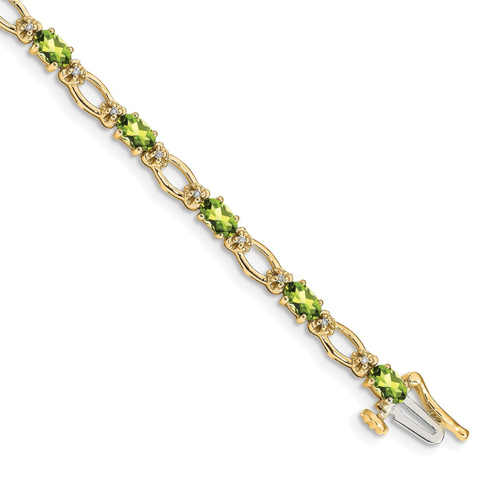 14K Yellow Gold Complete Diamond and Oval Peridot Heart Accent 7 Inch Bracelet