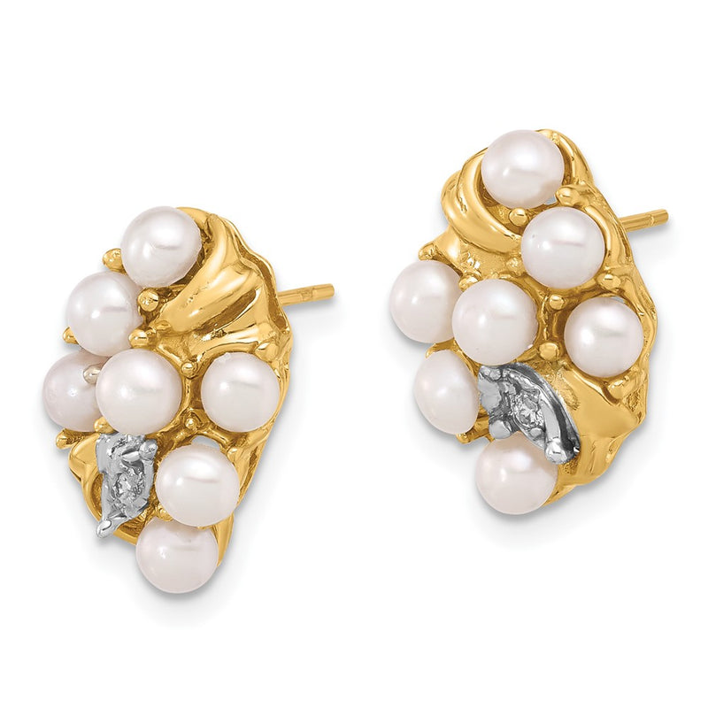 14K Yellow Gold 3-4mm Button Freshwater Cultured Pearl and .02 Carat Diamond Post Earrings