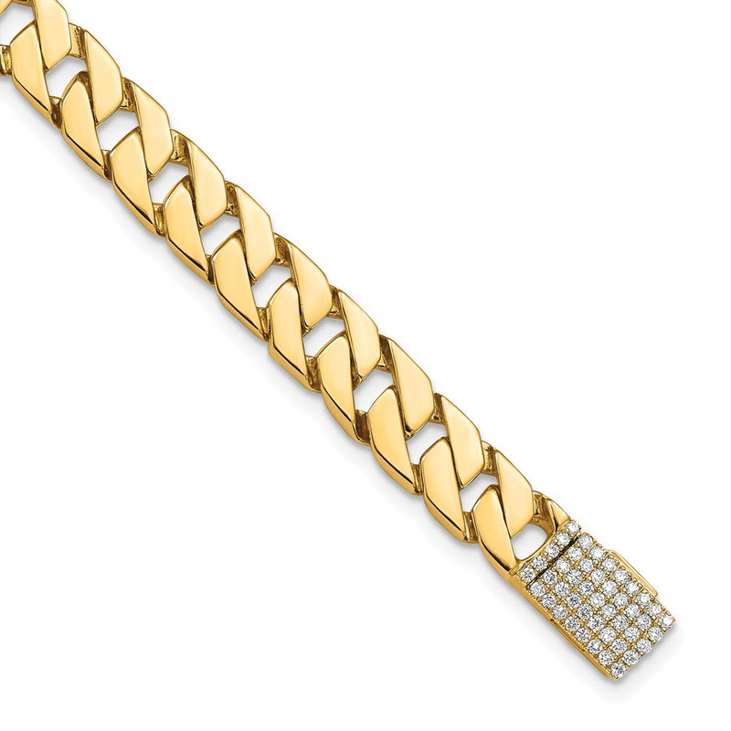 14K Yellow Gold Hand-polished 7.4mm Fancy Curb Link 1.4 carat Diamond Clasp 8 Inch Bracelet