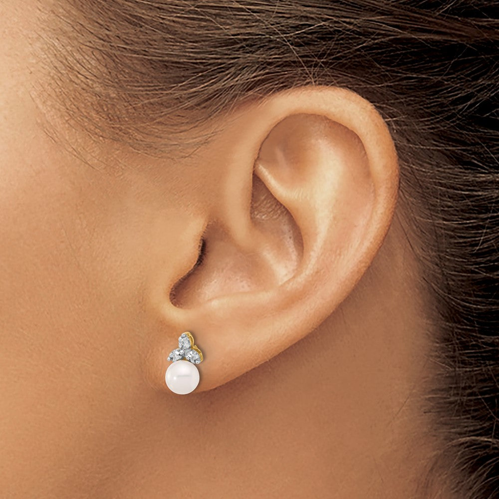 14K Yellow Gold 5-6mm Round Freshwater Cultured Pearl and .06 Carat Diamond Post Earrings