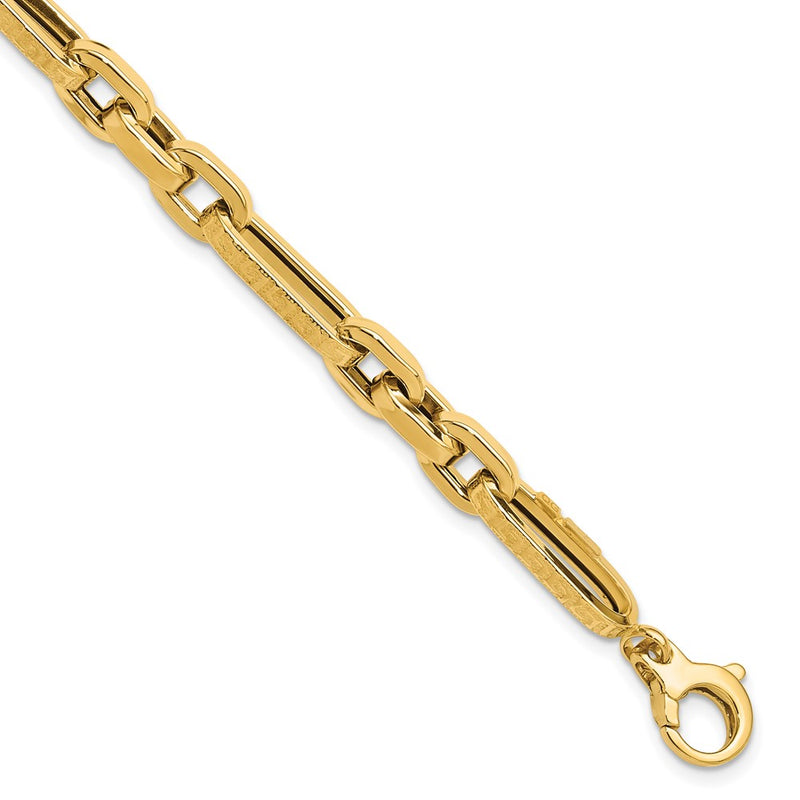 14K Yellow Gold Polished and Textured 7.2mm Greek Key Design Figaro Cable Link 8 Inch Bracelet