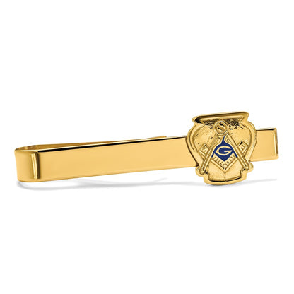 14K Yellow Gold Men's Polished and Textured with Blue Enamel Masonic Medium Tie Bar