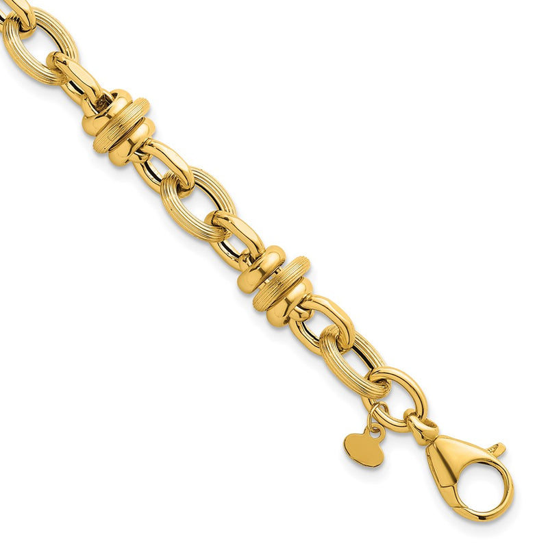 14K Yellow Gold Polished and Textured Round and Oval Fancy Chain 7.5 Inch Bracelet