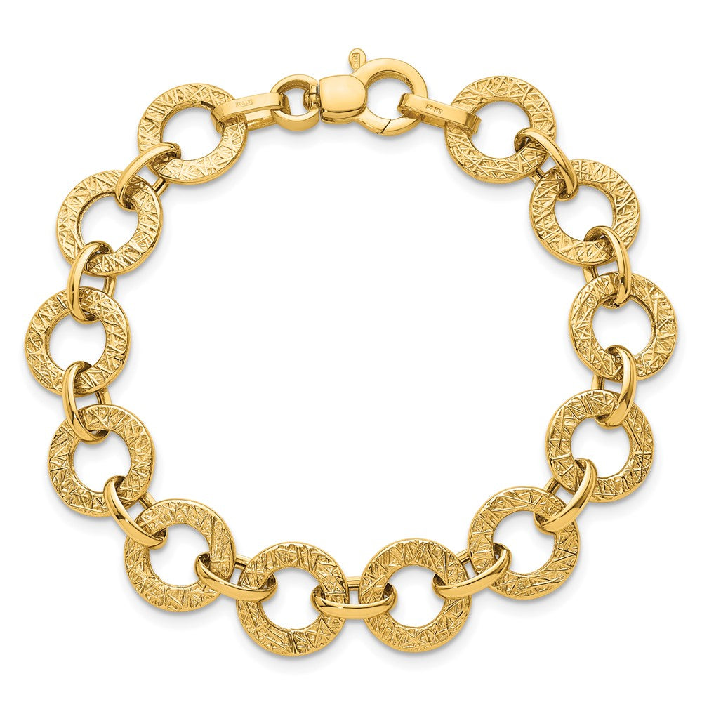 14K Yellow Gold Polished and Textured 12mm Fancy Round Link Chain Bracelet