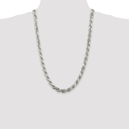 Sterling Silver Rhodium-plated 7.8mm Diamond-cut Rope 26 Inch Chain