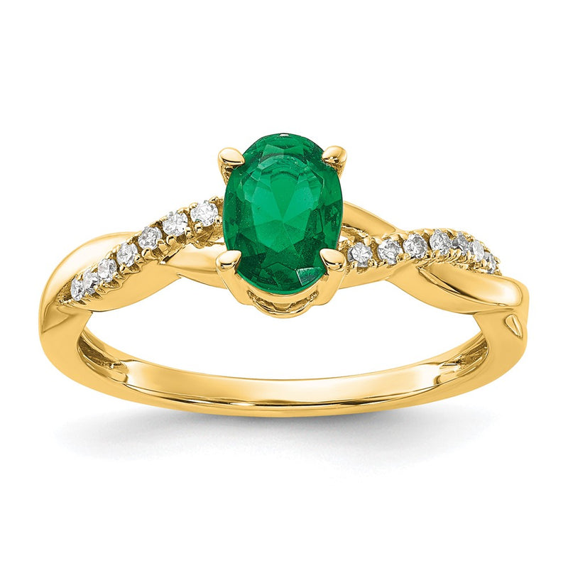 14K Yellow Gold 7x5 Oval May/Lab Created Emerald and Diamond Size 7 Ring