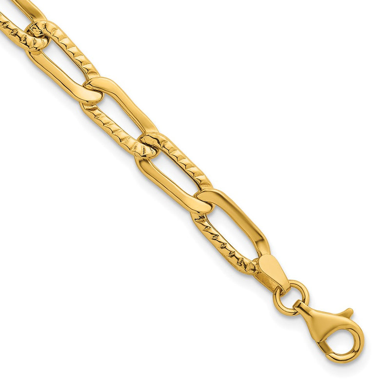 14K Yellow Gold Polished and Textured Fancy Long Link 7.5 Inch Bracelet
