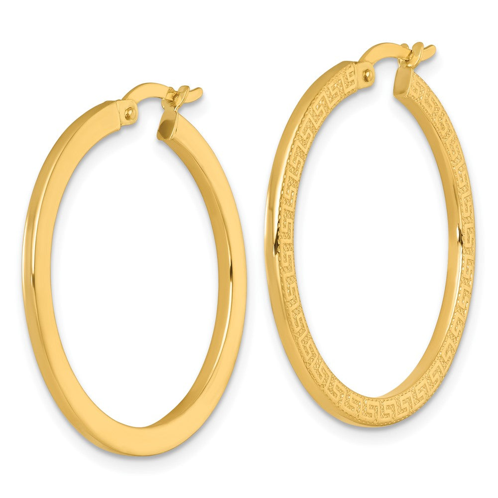 14K Yellow Gold Polished 1.5 x 30mm Textured Greek Key Hoop Earrings