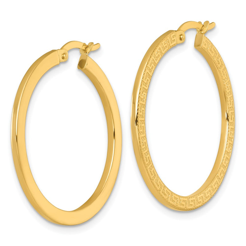 14K Yellow Gold Polished 1.5 x 30mm Textured Greek Key Hoop Earrings