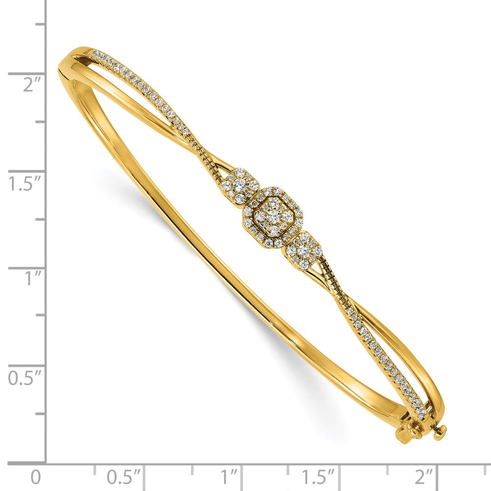 14K Yellow Gold Polished and Textured Complete 1/2 carat Diamond Fashion Hinged Oval Bangle Bracelet