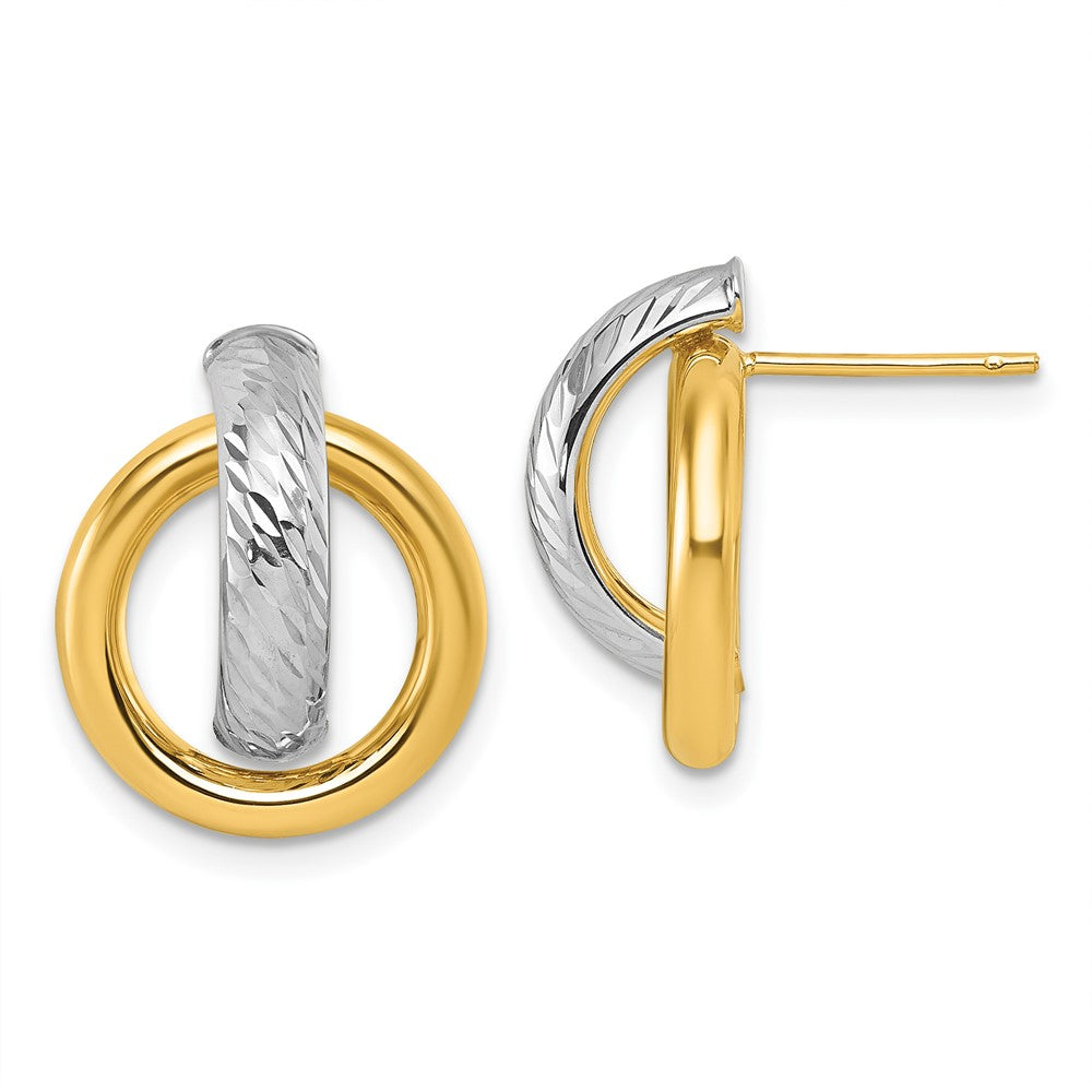 14K Yellow Gold and Rhodium Polished Diamond-cut Doorknocker Post Earrings
