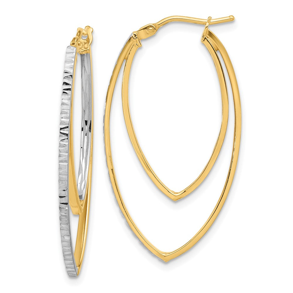 14K Yellow Gold Polished and Rhodium Diamond-cut V Shape Hoop Earrings
