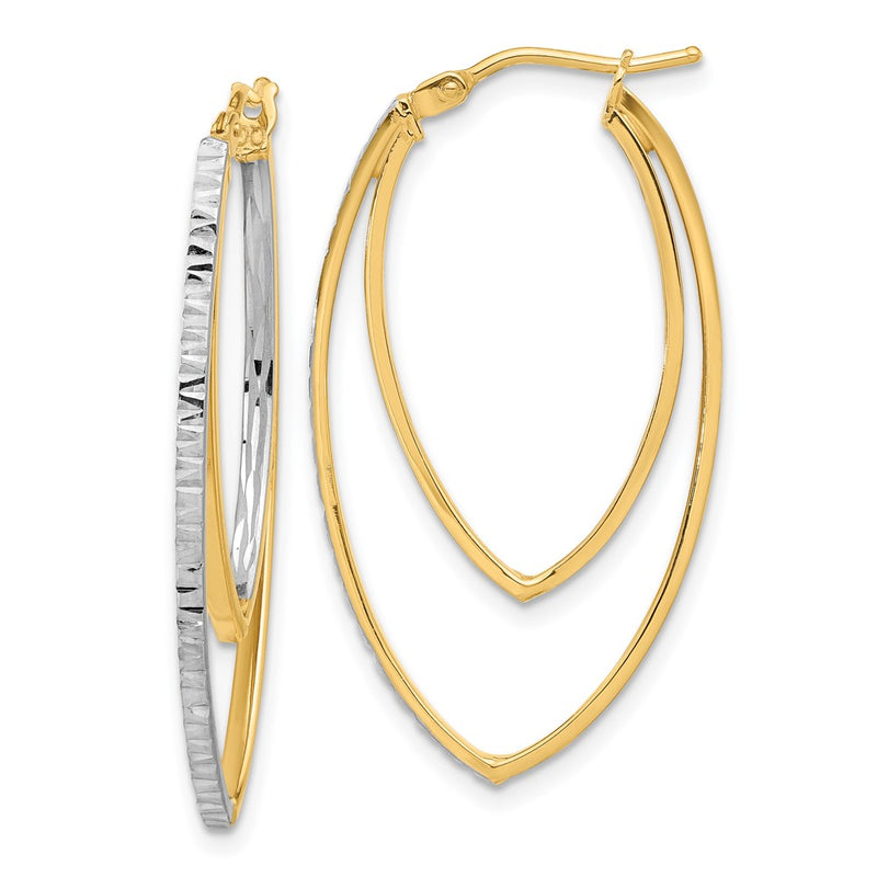 14K Yellow Gold Polished and Rhodium Diamond-cut V Shape Hoop Earrings