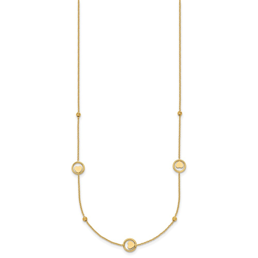 14K Yellow Gold Polished Heart in Circle with Diamond-cut Beads 7-Station 16.75 Inch Necklace