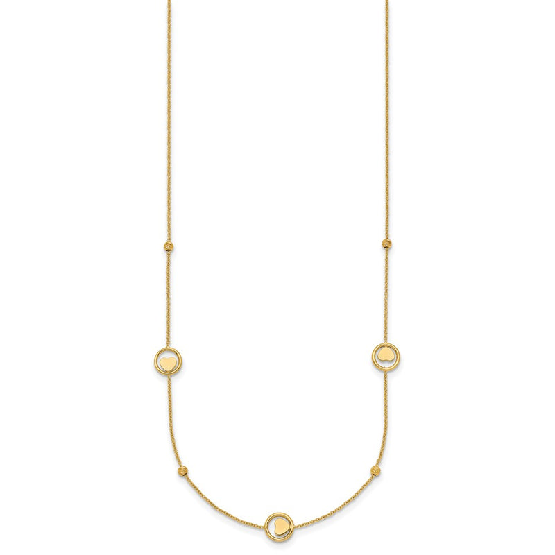 14K Yellow Gold Polished Heart in Circle with Diamond-cut Beads 7-Station 16.75 Inch Necklace